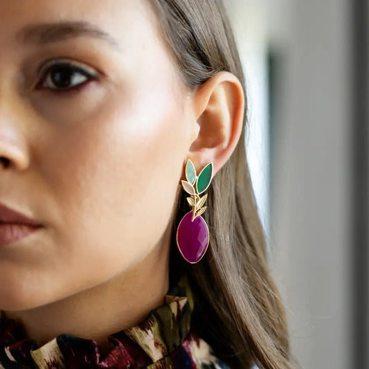 Set Matrix Pendientes Leaves y Eye Verdes y Buganvilla