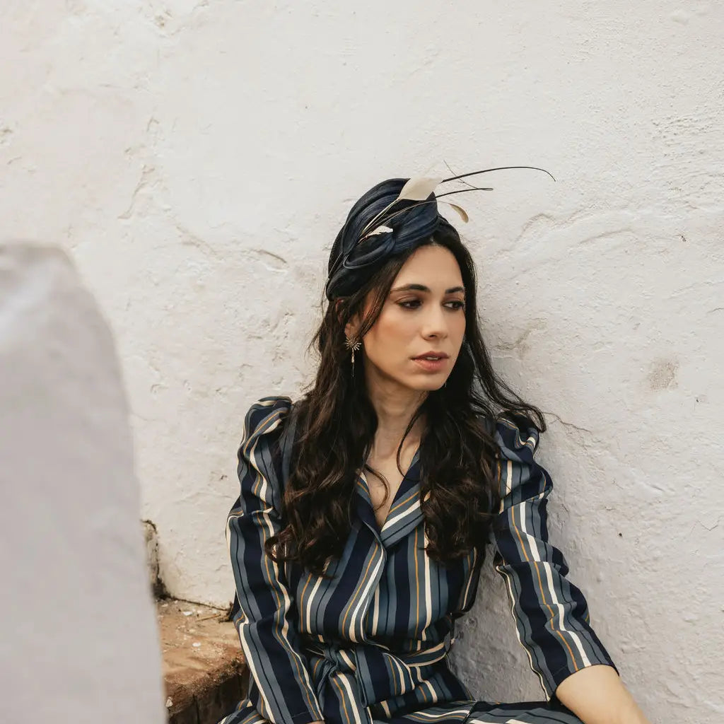 Tocado Diadema Gavira Pluma Azul y Beige