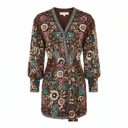 Short Byzantine Dress with Wrap Pattern and Brown Flowers