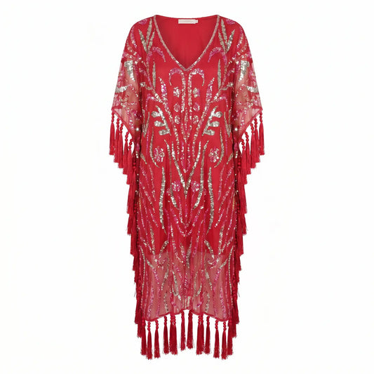 Yasmin Strawberry Red Jewel Kaftan Dress
