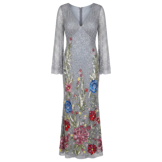 Long Gray Jewel Dress with Flowers