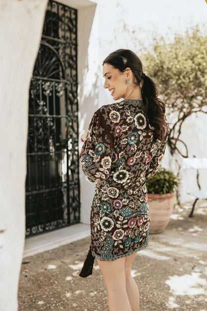 Vestido Bizancio Corto Cruzado Flores Marrón