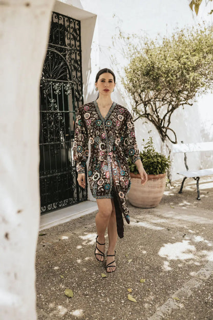Vestido Bizancio Corto Cruzado Flores Marrón