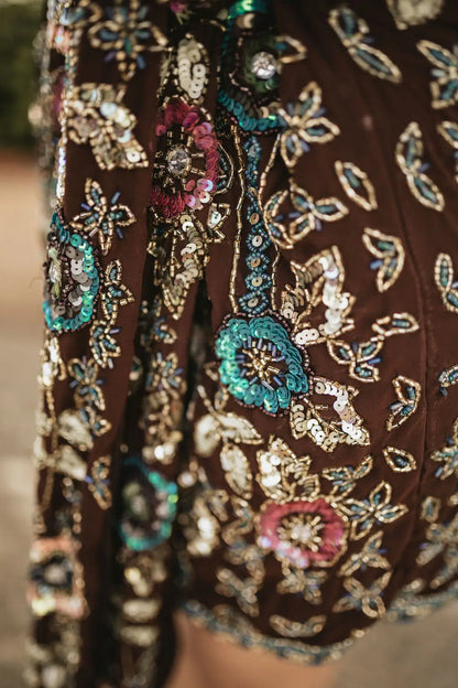 Vestido Bizancio Corto Cruzado Flores Marrón