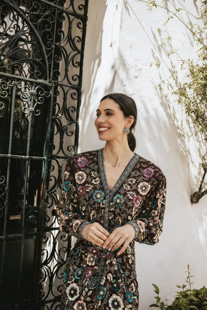 Vestido Bizancio Corto Cruzado Flores Marrón