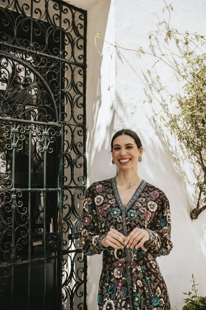 Vestido Bizancio Corto Cruzado Flores Marrón