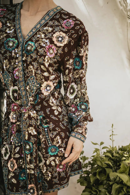 Vestido Bizancio Corto Cruzado Flores Marrón