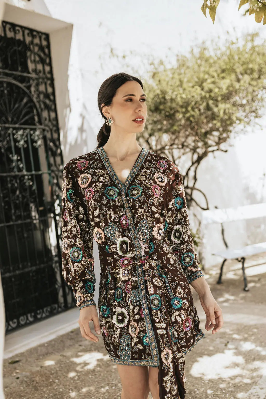 Vestido Bizancio Corto Cruzado Flores Marrón