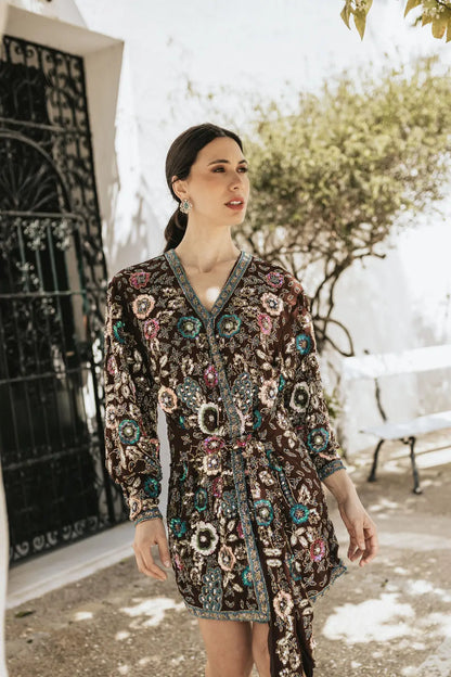 Vestido Bizancio Corto Cruzado Flores Marrón