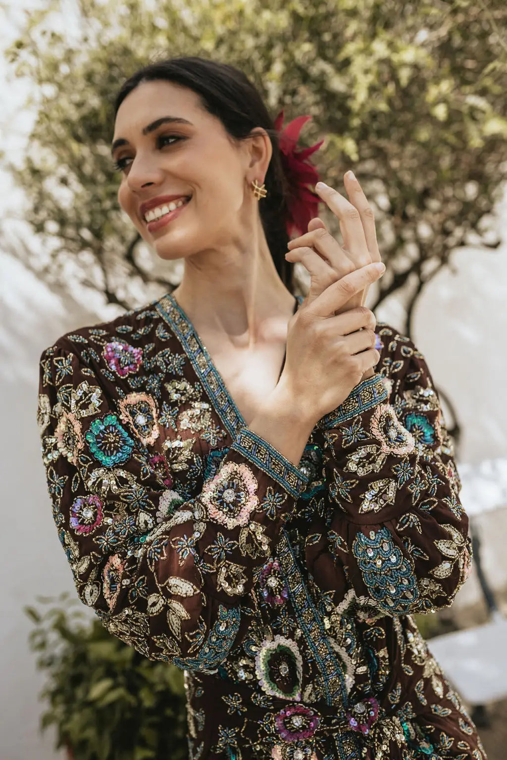 Vestido Bizancio Corto Cruzado Flores Marrón