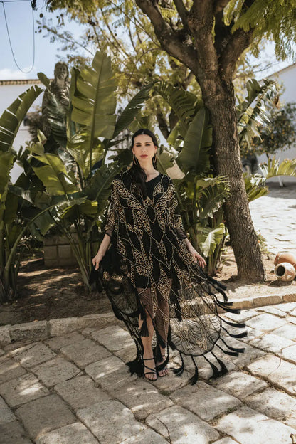 Vestido Kaftán Azabache Negro y Dorado