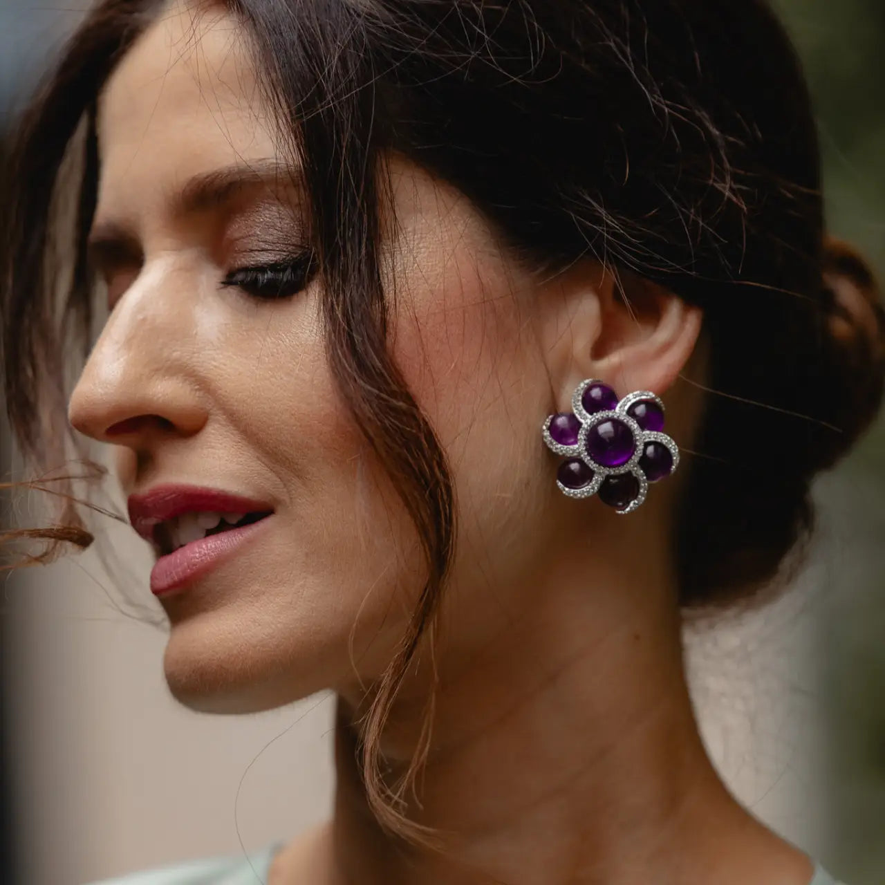 Vintage Pendientes Asian Plata Morado Amatista