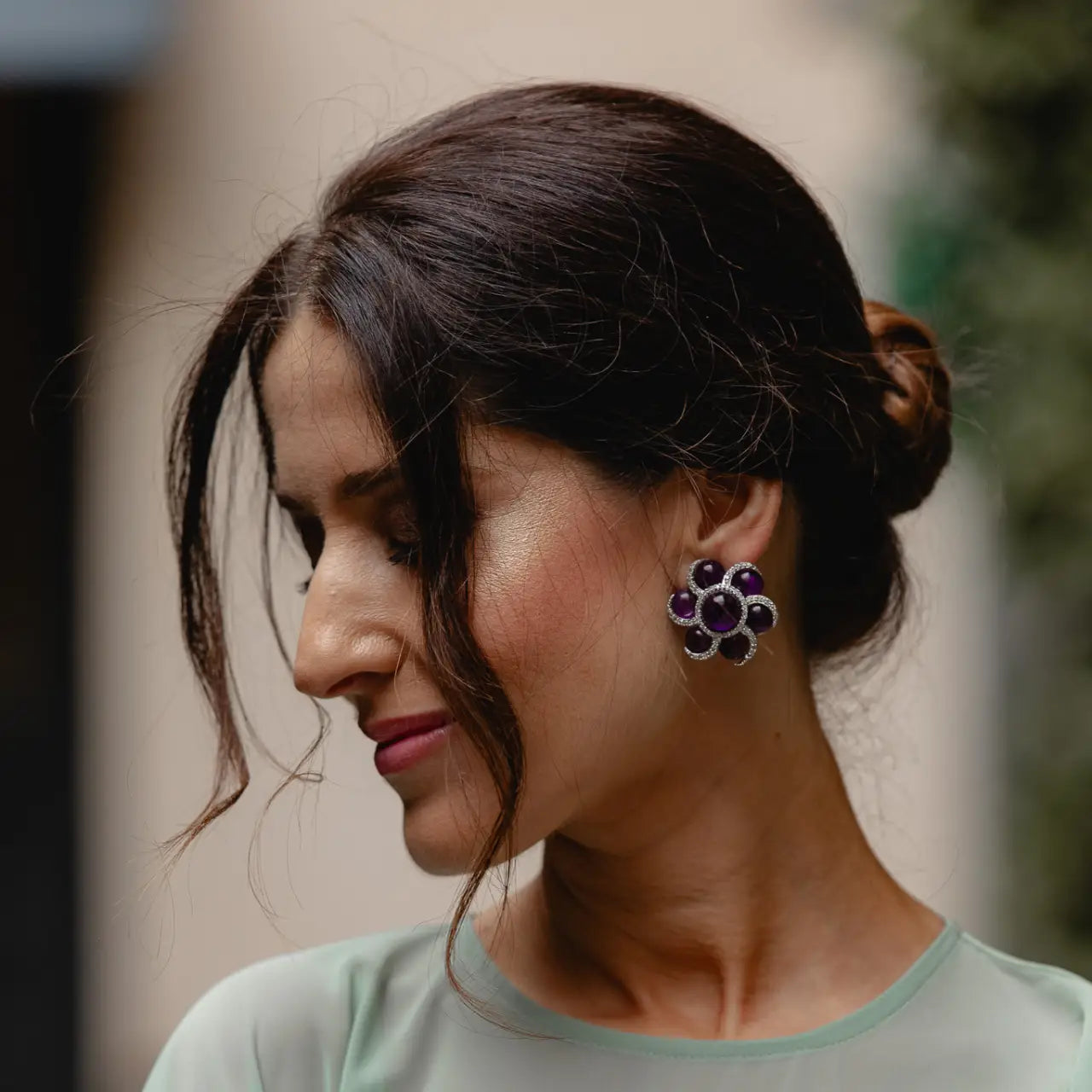 Vintage Pendientes Asian Plata Morado Amatista