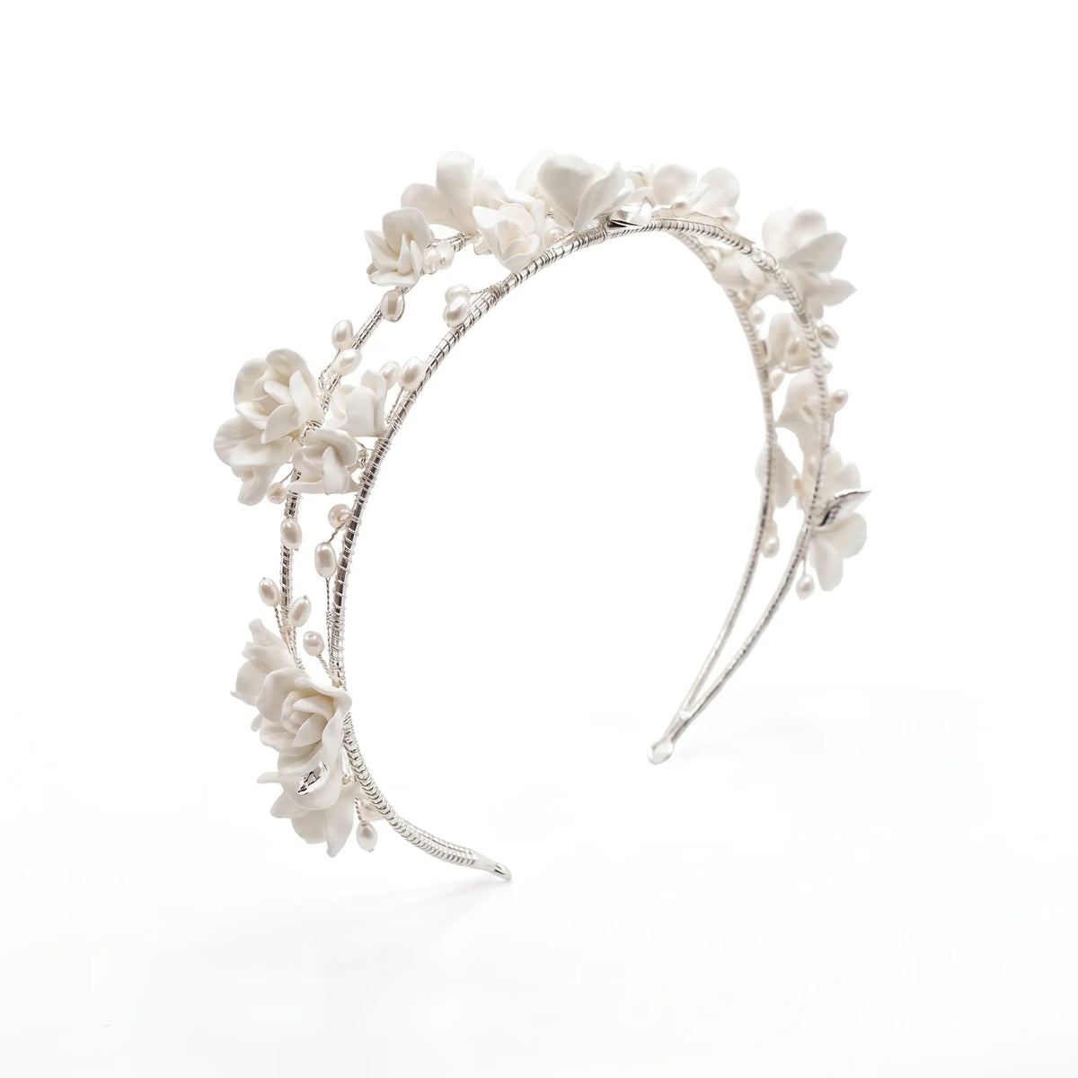 Diadema Noelia Plata Doble Flores Blanca