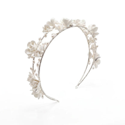 Diadema Noelia Plata Doble Flores Blanca