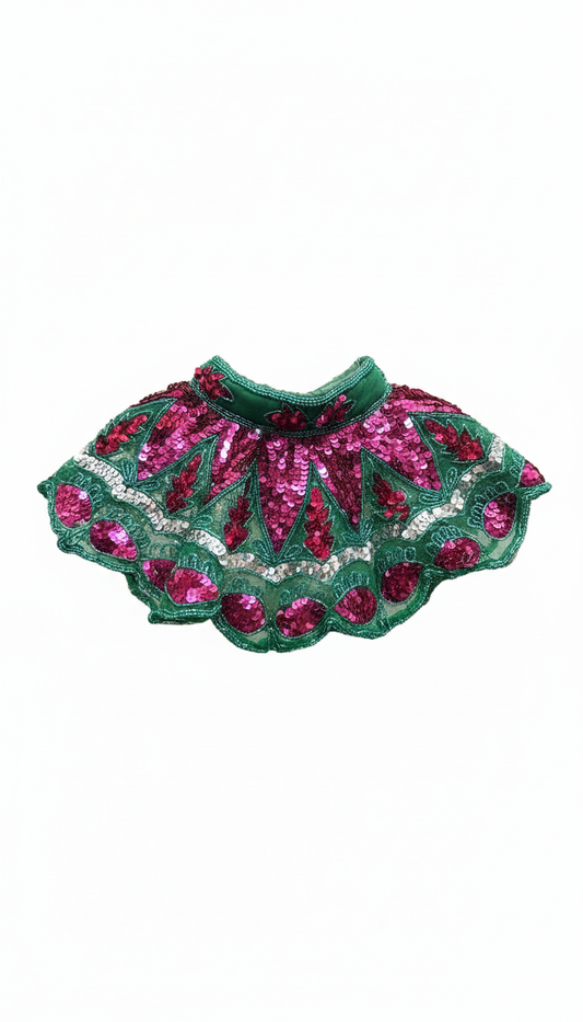 Cuello Joya Zardozi Verde, Fucsia y Rojo