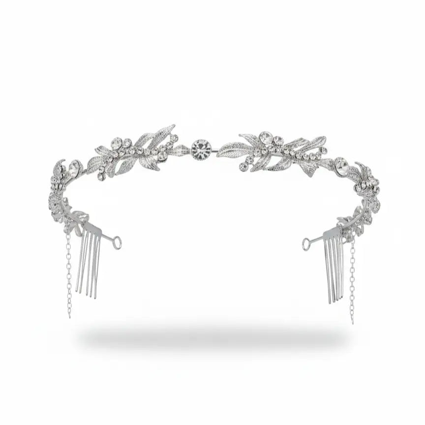 Tiara Novia Elegantti Plata Hojas y Shine