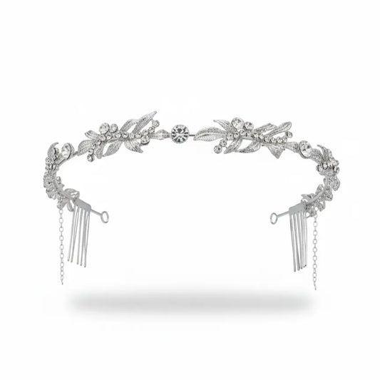 Tiara Novia Elegantti Plata Hojas y Shine