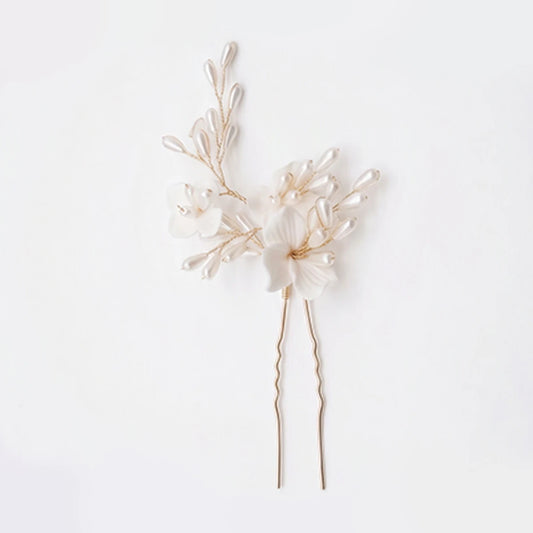 Horquilla Cerámica Blanca Campanula Tipo A - 3 Flores y Perlas