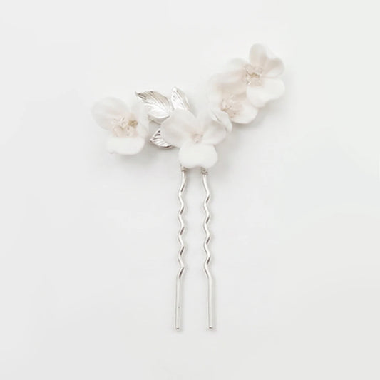 Horquilla Cerámica Blanca Clemen Plata Tipo A - 4 Flores y Hojas