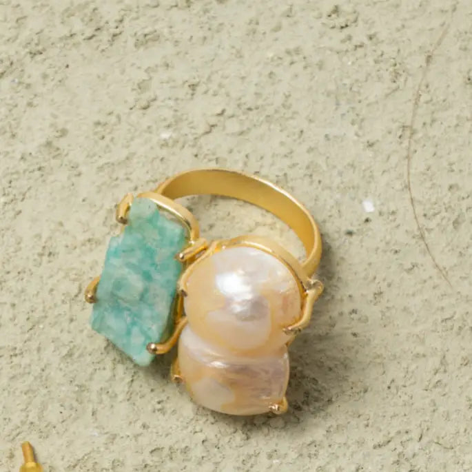 Anillo Serena Rough Verde agua amazonita y Perla
