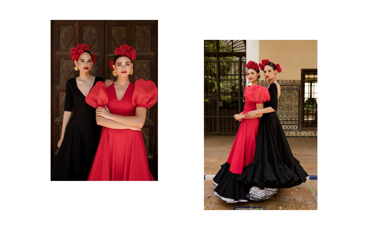 Colección Guadalquivir de ACUS: dos modelos con vestidos flamencos y pendientes, junto a una puerta de madera y bailando en el patio