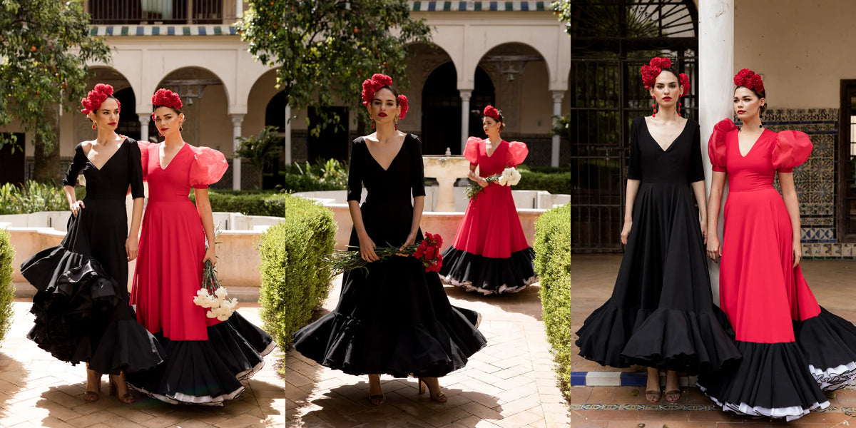 Colección Guadalquivir de ACUS: tres fotos de las modelos con vestidos flamencos negro y rojo, claveles y pendientes