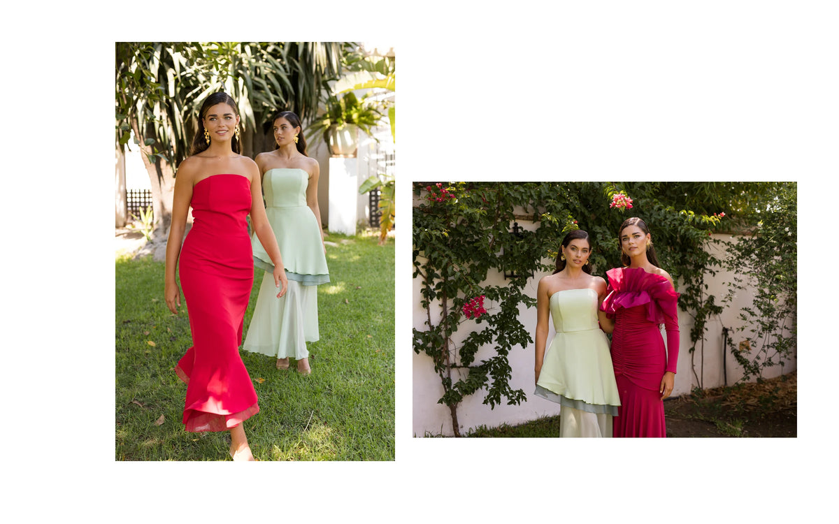Colección Sabana de ACUS: invitadas con vestidos rojo y verde pastel entre jardines