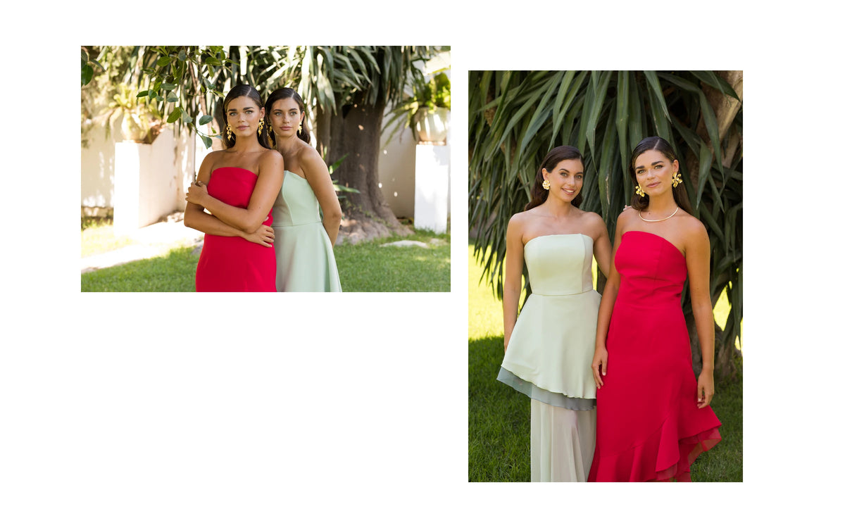 Invitadas con vestidos de fiesta y pendientes dorados ACUS en el jardín