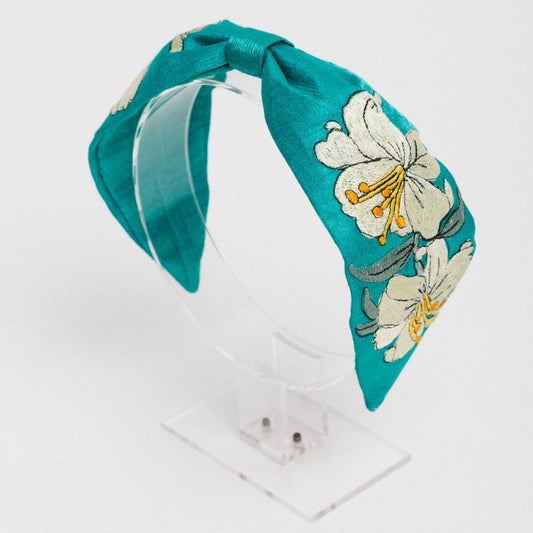 Diadema Flores Bordadas Hilo Verde agua